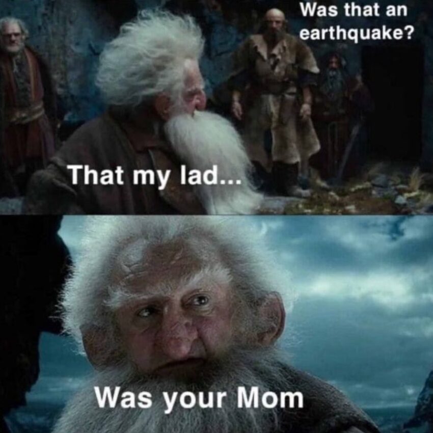 A Hobbit Meme. As the dwarves here Smaug awaken, one of the warves says "Was that an earthquake?" and Balin responds "That my lad... was your mom!"