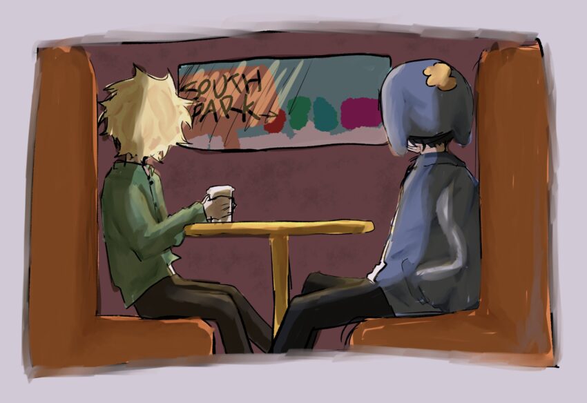 Fanart of Southpark's Craig Tucker and Tweek Tweak. The both sit inside at a table looking out at a window at South Park. Tweek holds his coffee cup. Artist: HYoNNzeez - https://x.com/HYoNNzeez