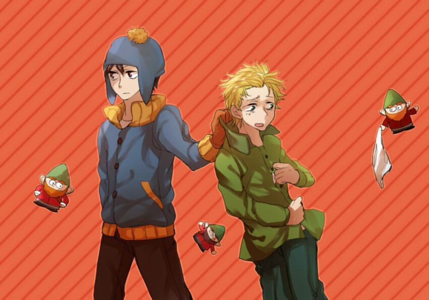 Fanart of Southpark's Craig Tucker and Tweek Tweak. Craig pulling Tweek while 3 Underpants Gnomes flit around. One gnome is holding a pair of underpants. Artist: 熊童子 - https://www.pixiv.net/en/users/547108
