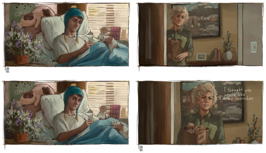 Fanart of Southpark's Craig Tucker and Tweek Tweak. Craig is laying in a hospital bed recovering. Tweek brings him cupcakes. Artist: Acacia - https://acaciart.tumblr.com/