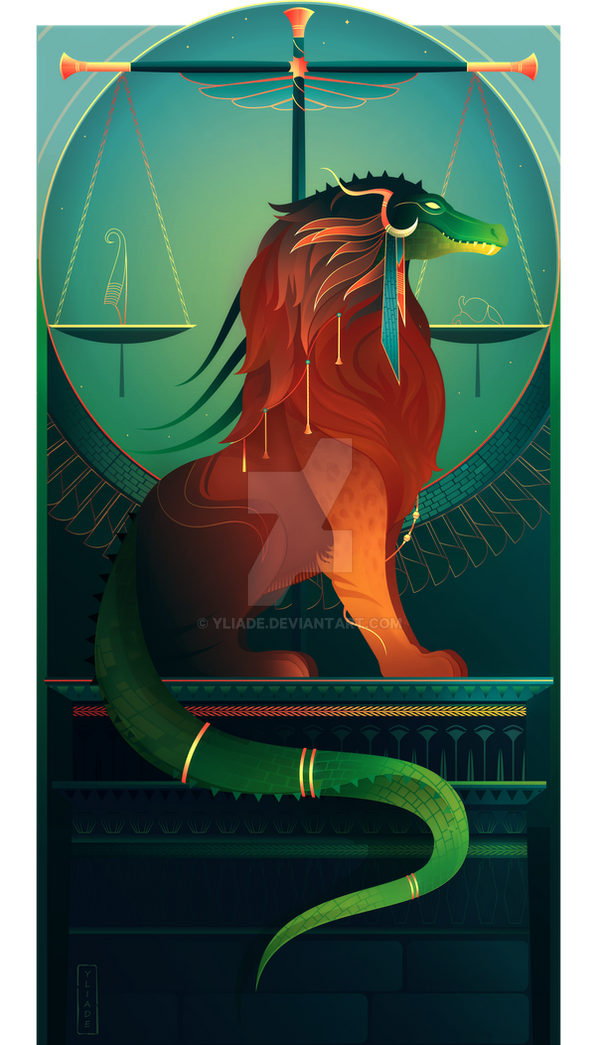 An illustration Ammit, The Devourer of the Wicked Dead. Artist: Yliade- https://www.deviantart.com/yliade