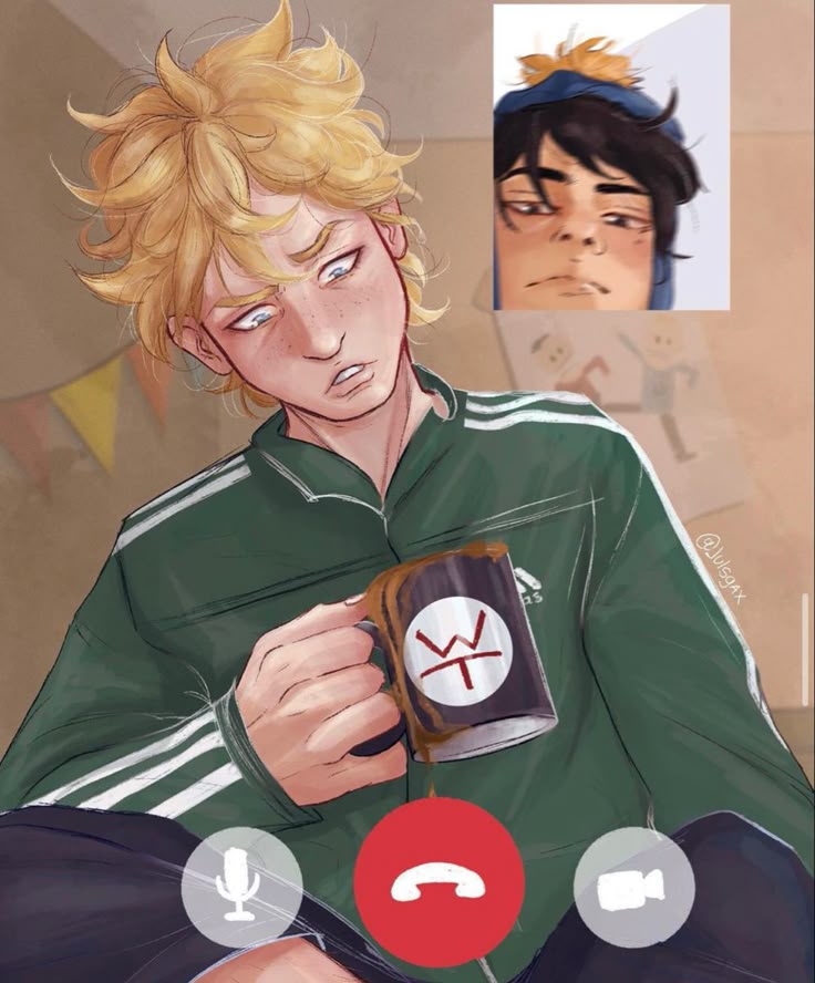 Fanart of Southpark's Craig Tucker and Tweek Tweak. Tweek and Craig are facetiming. Artist: julsgax - https://www.tumblr.com/julsgax