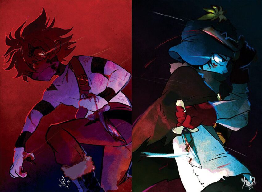Fanart of Southpark's Craig Tucker and Tweek Tweak. Tweek as Barbarian Tweek and Craig as Feldspar the Thief. Artist: Acacia - danigami - https://danigami.tumblr.com/