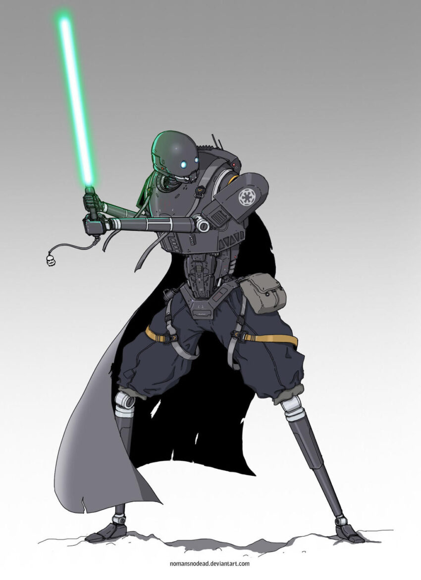 Fanart: An illustration of a KX droid, possibly meant to be K2-SO, as a Jedi. A beutiful piece and wonderfully colored.Artist: nomansnodead https://www.deviantart.com/nomansnodead