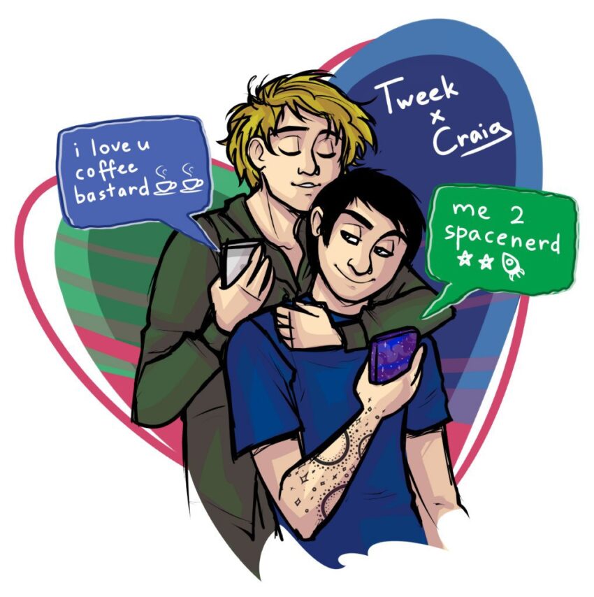 Fanart of Southpark's Craig Tucker and Tweek Tweak. Tweek has his arm around Craig's neck. Both are looking at their smartphones. Craig has typed "i love you coffee bastard" to Tweek. Tweek resonds "me 2 spacenerd" Artist: plusminusky - https://plusminusky.tumblr.com/