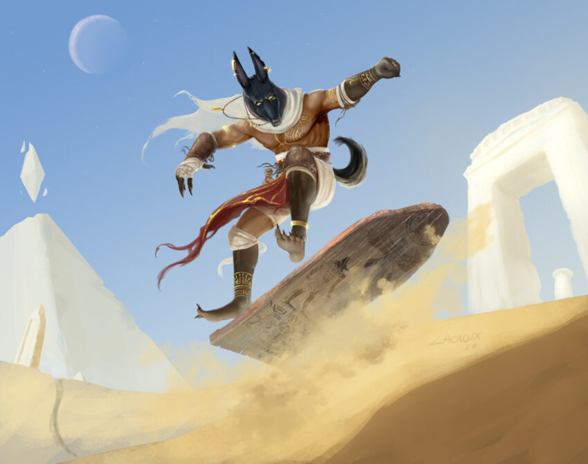 An illustration of Anubis "sandboarding" in the spirit of skateboarding. Artist: Jasmine Lacroix - https://www.artstation.com/lazybonescomics