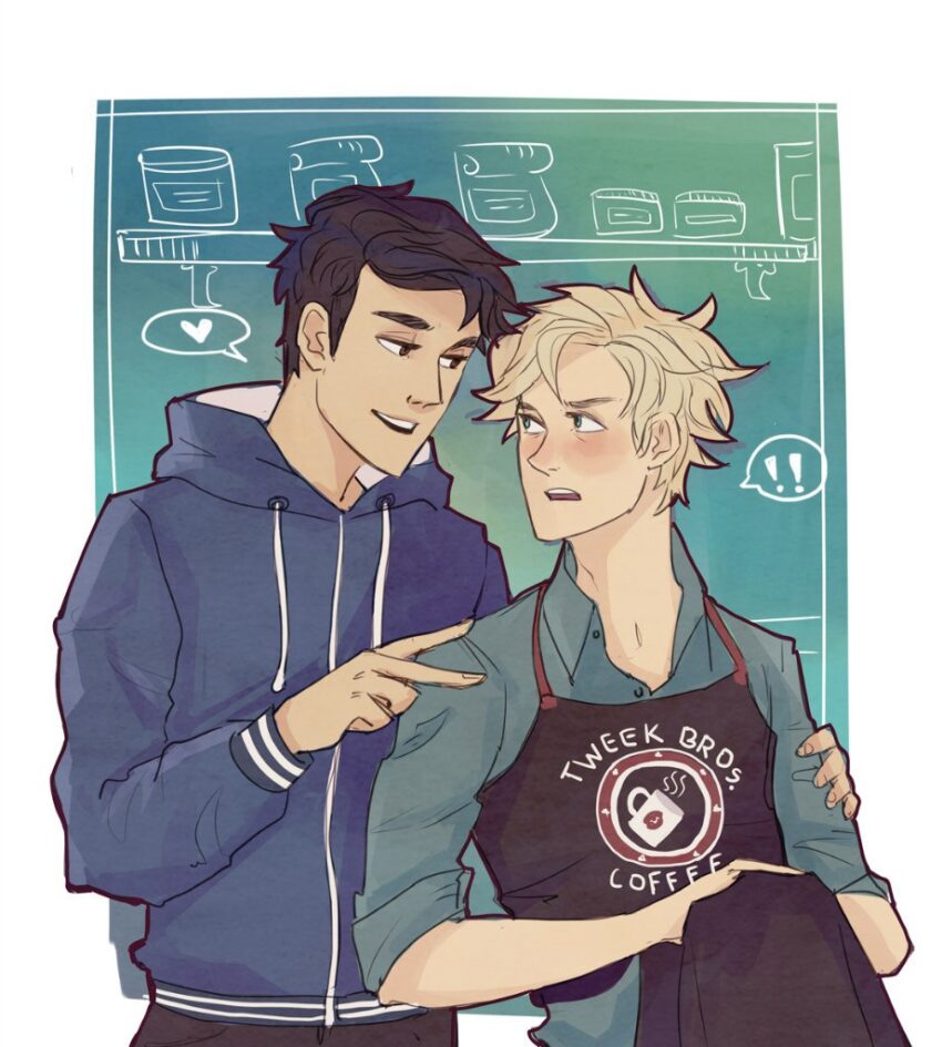 Fanart of Southpark's Craig Tucker and Tweek Tweak. Both in their early 20s. Tweek is wearing a Tweek Bros. Coffee apron Artist: Artist: junknight