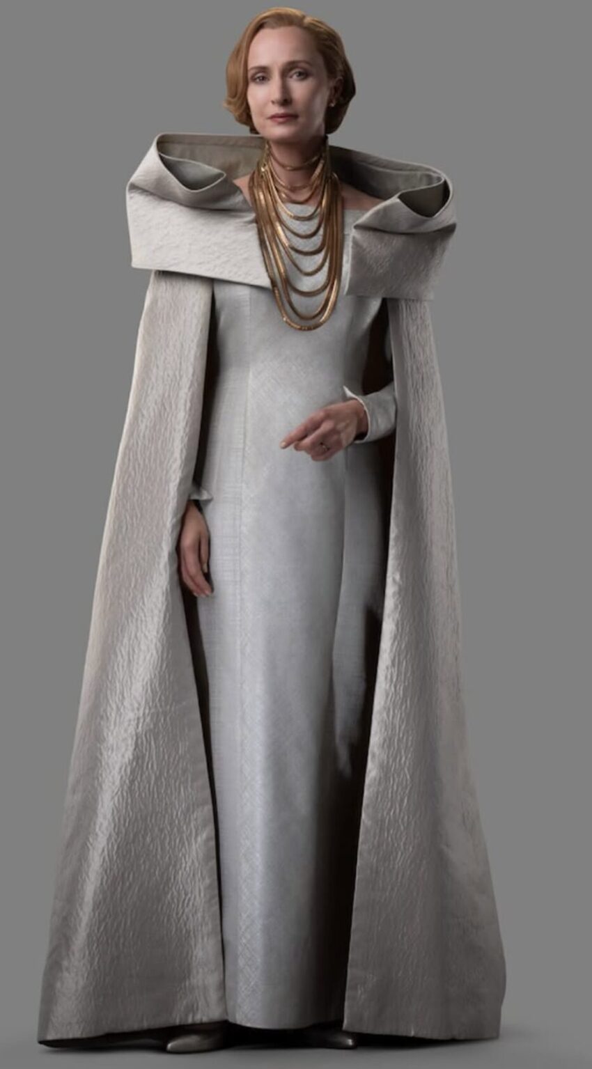 Promotional image from Star Wars Andor Season 2 with Mon Mothma in a Michael Wilkinson gown that Nala believes may be the single greatest dress he's seen in both fiction and real life. © Lucasfilm
