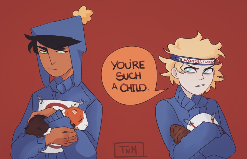 Fanart of Southpark's Craig Tucker and Tweek Tweak. Both in their Super Craig and Wonder Tweek outfits. Craig holds a very large Spike. Tweek says "You'r such a child!" Artist: tenderandmild - https://tenderandmild.tumblr.com/