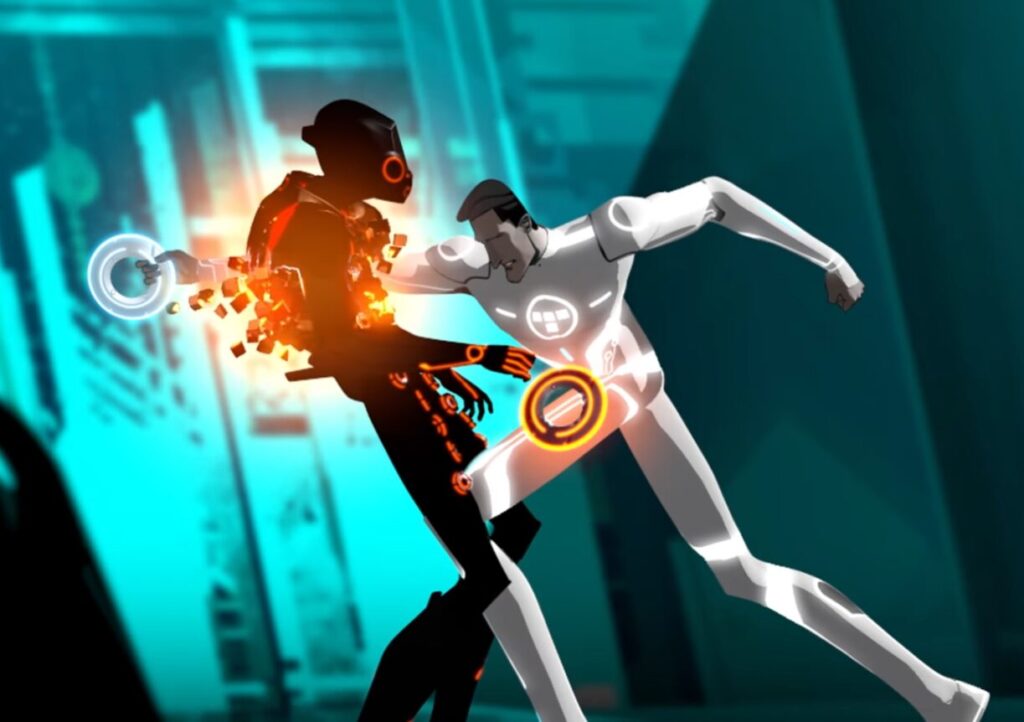 Still image from first episode of Tron: Uprising of Tron defeating and antagonist.