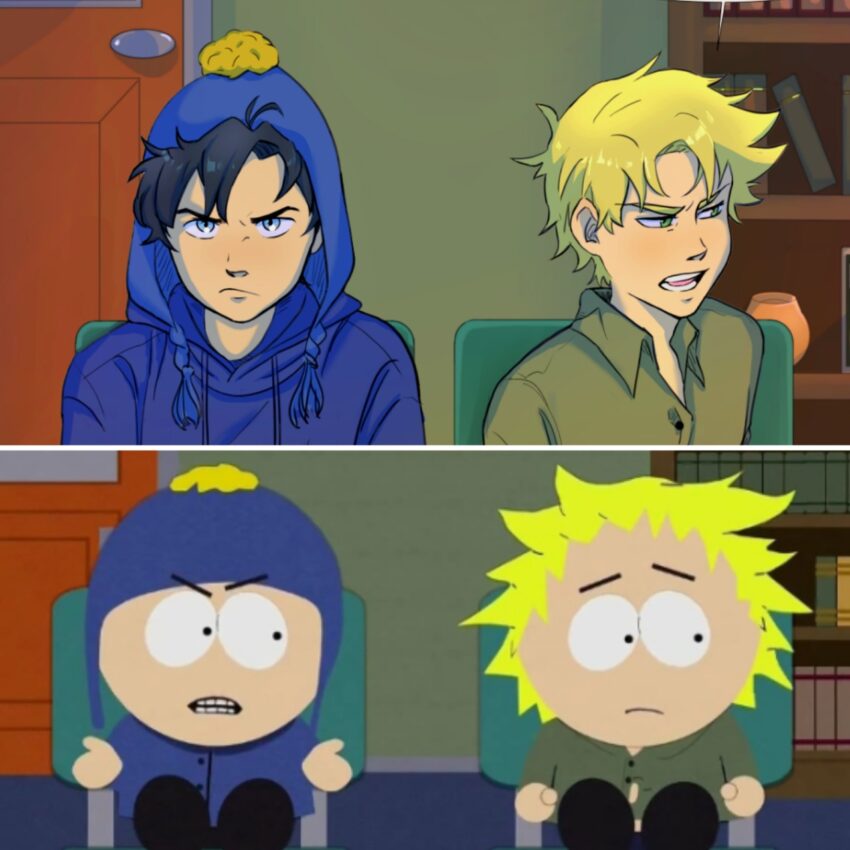 ALT TEXT: Fanart of Southpark's Craig Tucker and Tweek Tweek. An interpretation of Seasing 19, Episode 6's scene of Craig and Tweek being scolded by PC Principal ensuring they understanding consent.