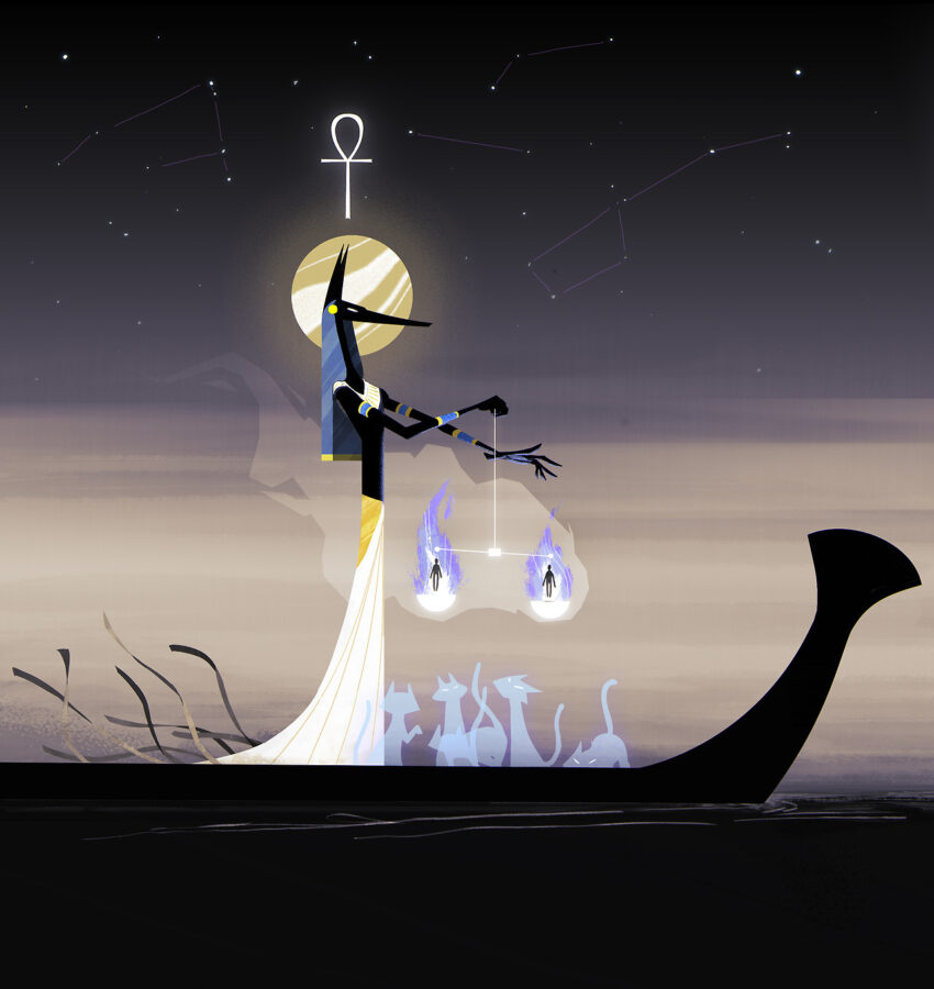 A sleek illustration of the Kemet God Anubis on a barque. Artist: Mathias Demongeot - https://alpaganimateur.tumblr.com/
