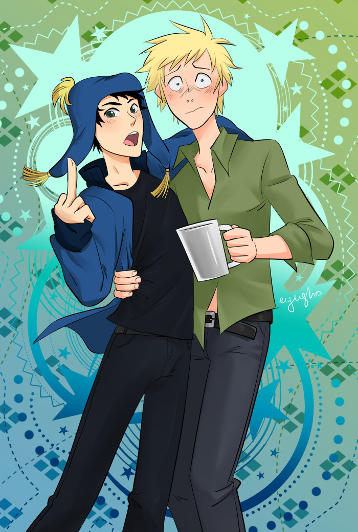 Fanart of Southpark's Craig Tucker and Tweek Tweak. A much shorter Craig hanging from a much taller Tweek's shoulders. Tweek holding his typical coffee. Artist: eyugho - https://www.tumblr.com/eyugho