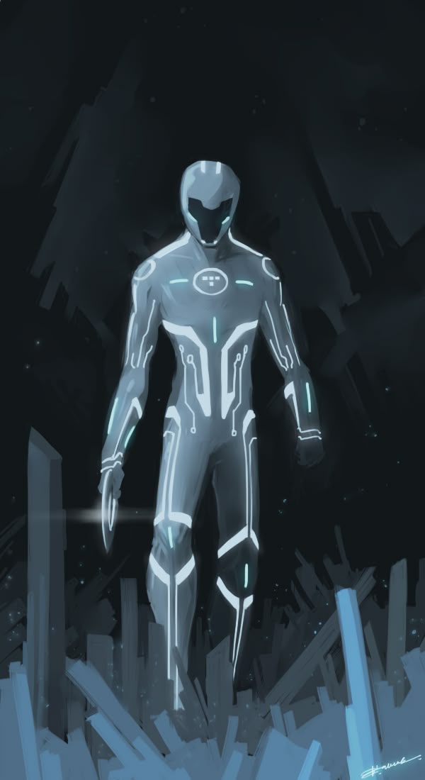An illustration of the character Beck from the series "Tron Uprising" Beck his fully helmeted and holds his disc. Artist: Dariia Kasimova- http://kasimova.carrd.co/