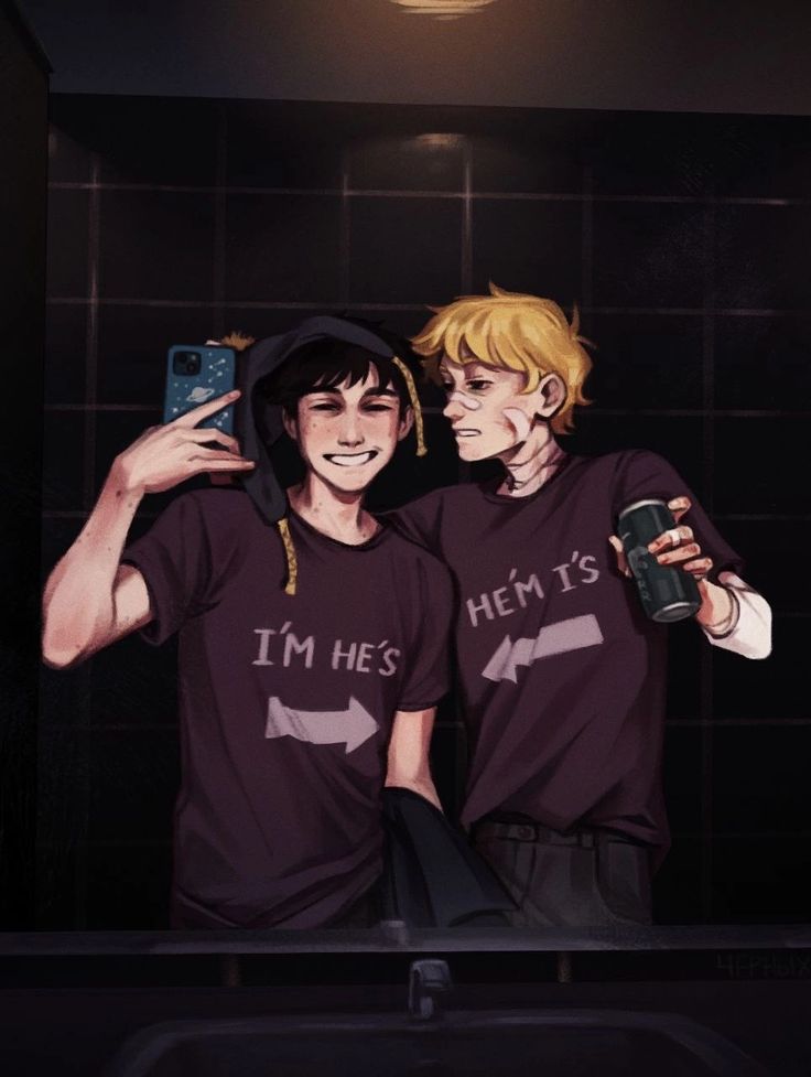 Fanart of Southpark's Craig Tucker and Tweek Tweak. Both are taking a selfie in a restroom. Artist: Undetermined