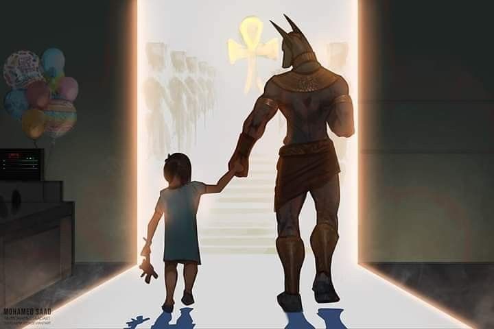An illustration of the Ancient Egyptian God Anubis holding the hand of a small child who appears to have died in a hospital bed as her takes the child to the afterlife. Artist: mohamed saad - https://mohamedsaad.artstation.com/