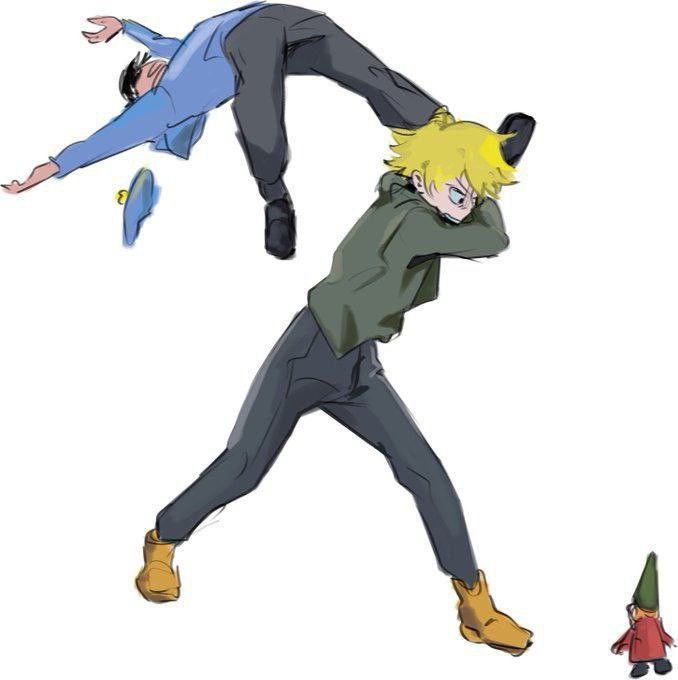 Fanart of Southpark's Craig Tucker and Tweek Tweak. Tweek literally has Craig over his head, holding him by his lower leg, getting ready to use Craig to smash and Underpants Gnome. Artist: baumkuchenp - https://x.com/baumKchn_P