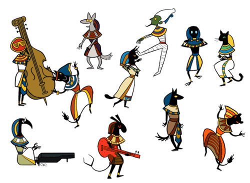 An animated GIF for Inonbird's Stick-Gods of Egypt. Each deity is in the role of one of the kids on stage in the "A Charlie Brown Christmas" animated TV special from 1965