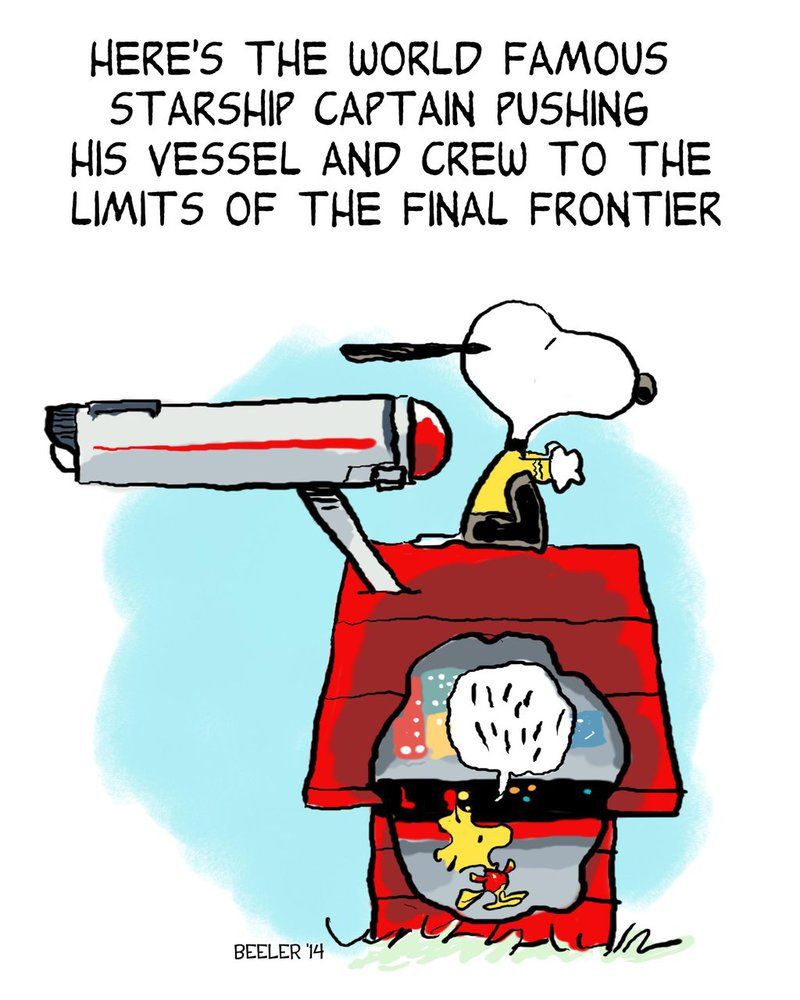 A an image of World Famous Starship Captain Snoopy in a gold Original Star Trek command uniform on his dog house. It has 2 Star Trek Enterprise warp nacelles on it. Inside is Woodstock, in a red engineering uniform, making his little tick mark speech. Artist: EBeeler - https://www.deviantart.com/ebeeler