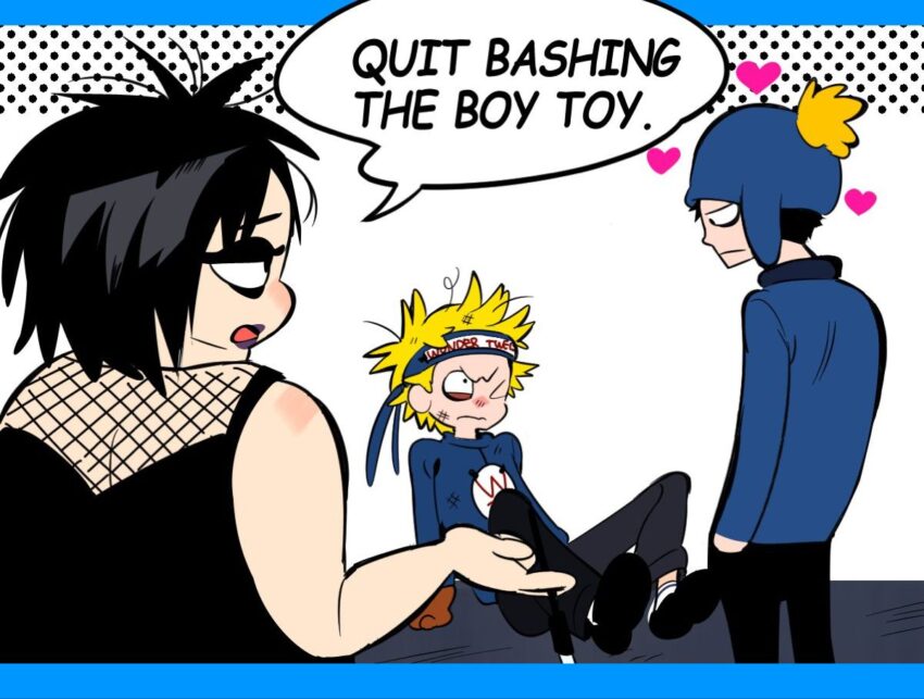 Fanart of Southpark's Craig Tucker and Tweek Tweak. Both are in their super-hero identities. Wonder Tweek is on the ground with a black eye. Hearts are floating around Super Craig's head. Henrietta, the goth girl's word balloon says "Quit bashing the boy toy." Artist: Undetermined - ?