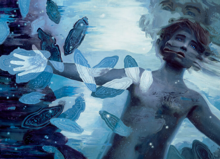 "The Skin of Shai-Hulud"by Hilary Clarcq featuring 9-year-old Leto Atriedes, exposing his flesh to the sandtrout, becoming the a symbiote, granting him thousands of years of life to enact The Golden Path at the sacrifice of his own humanity.