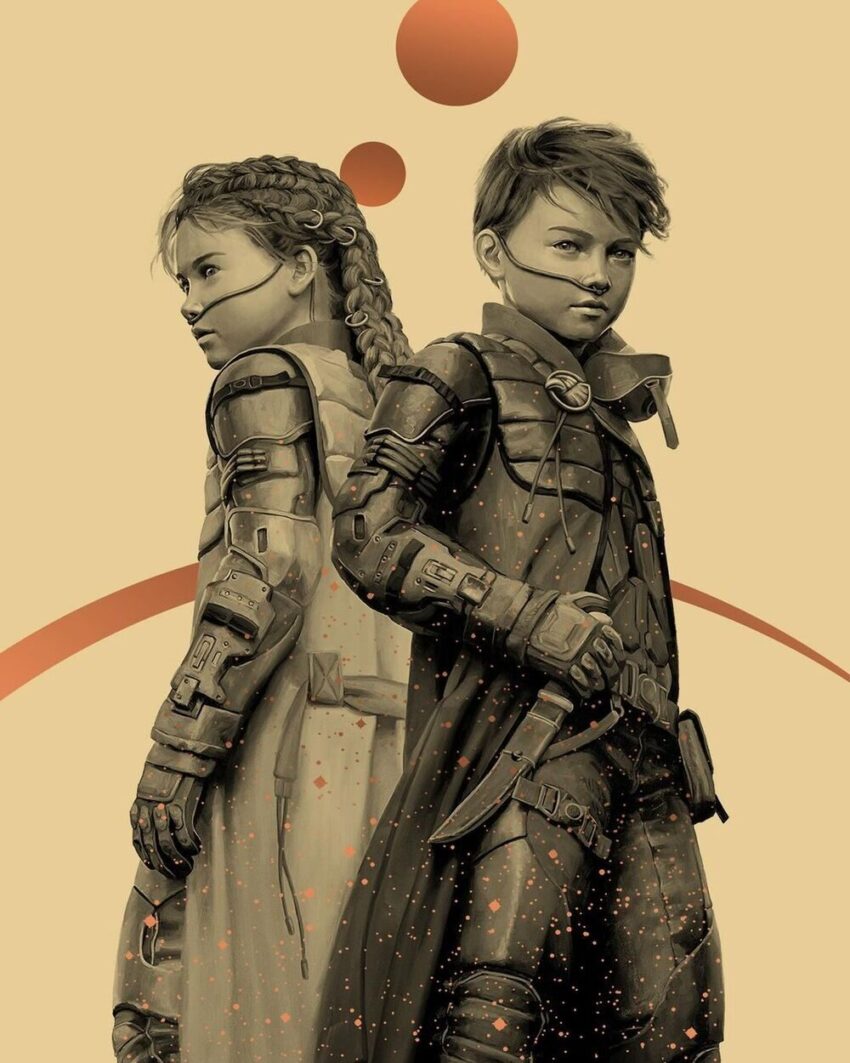 The cover of the 2025 Folio Edition of Children of Dune with art by Hilary Clarcq featuring 9-year-old Leto Atriedes in still suit, grasping his chrysknife hilt. His twin sister Ghanima is back to back with him, also in still suit.
