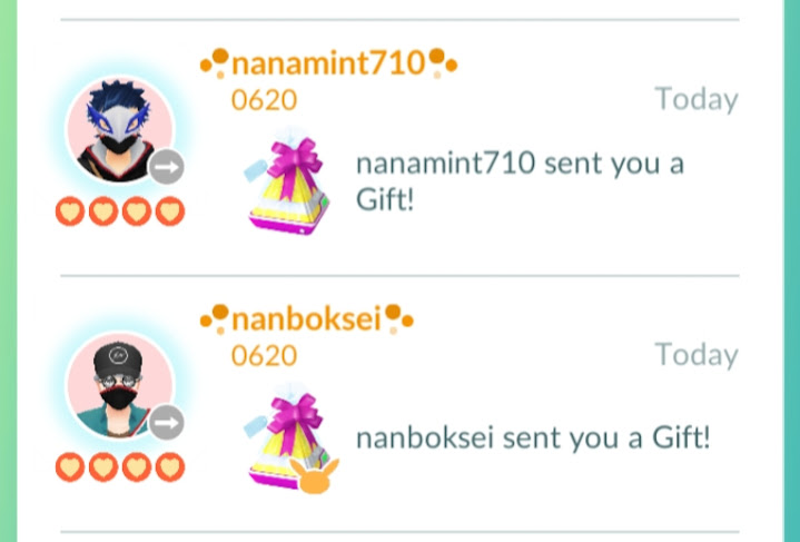 Screenshot of Nala's 2 long term Pokemon Go "friends" nanamint170 and nanboksei from Japan who have continued to trade gifts every day even though they'll never ever be able to actually trade Lucky Pokemon.