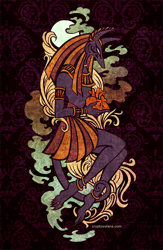 Illustration of Anubis holding a human heart. Artist: Cryotovolans- http://www.cryptovolans.com/