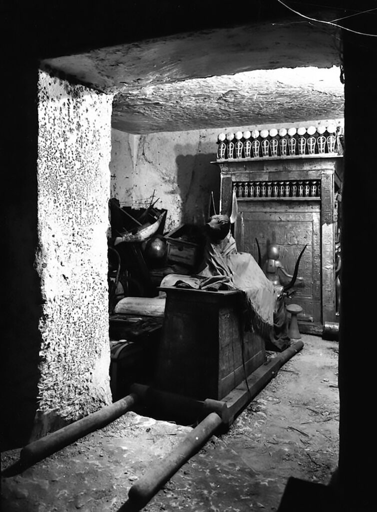 anubisshreing A photo of the Anubis shrine/litter still in the treasury room in Pharaoh Tutankhamun's tomb. Behind it is the Canopic Shrine.