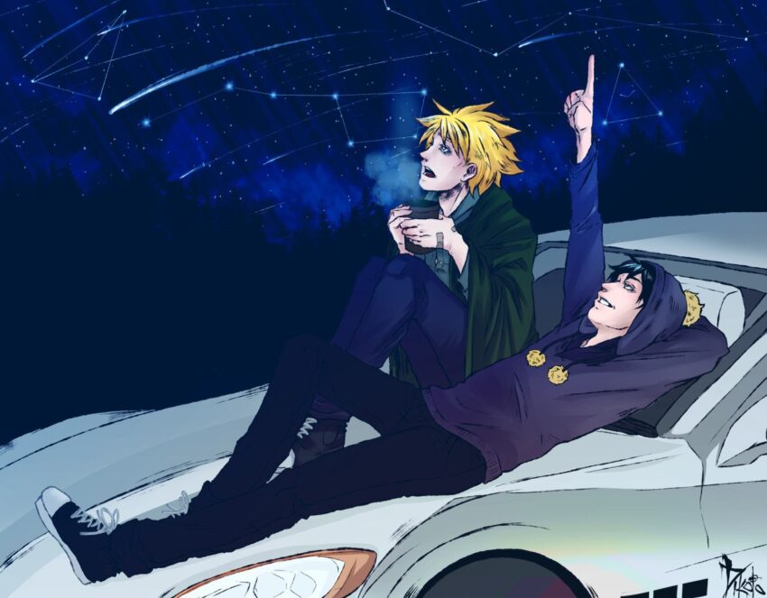 Fanart of Southpark's Craig Tucker and Tweek Tweak. Both are sitting on the hood of a car looking up at the stars. Craig is pointing to something in the sky. Artist: dikoto - http://dikoto.tumblr.com/