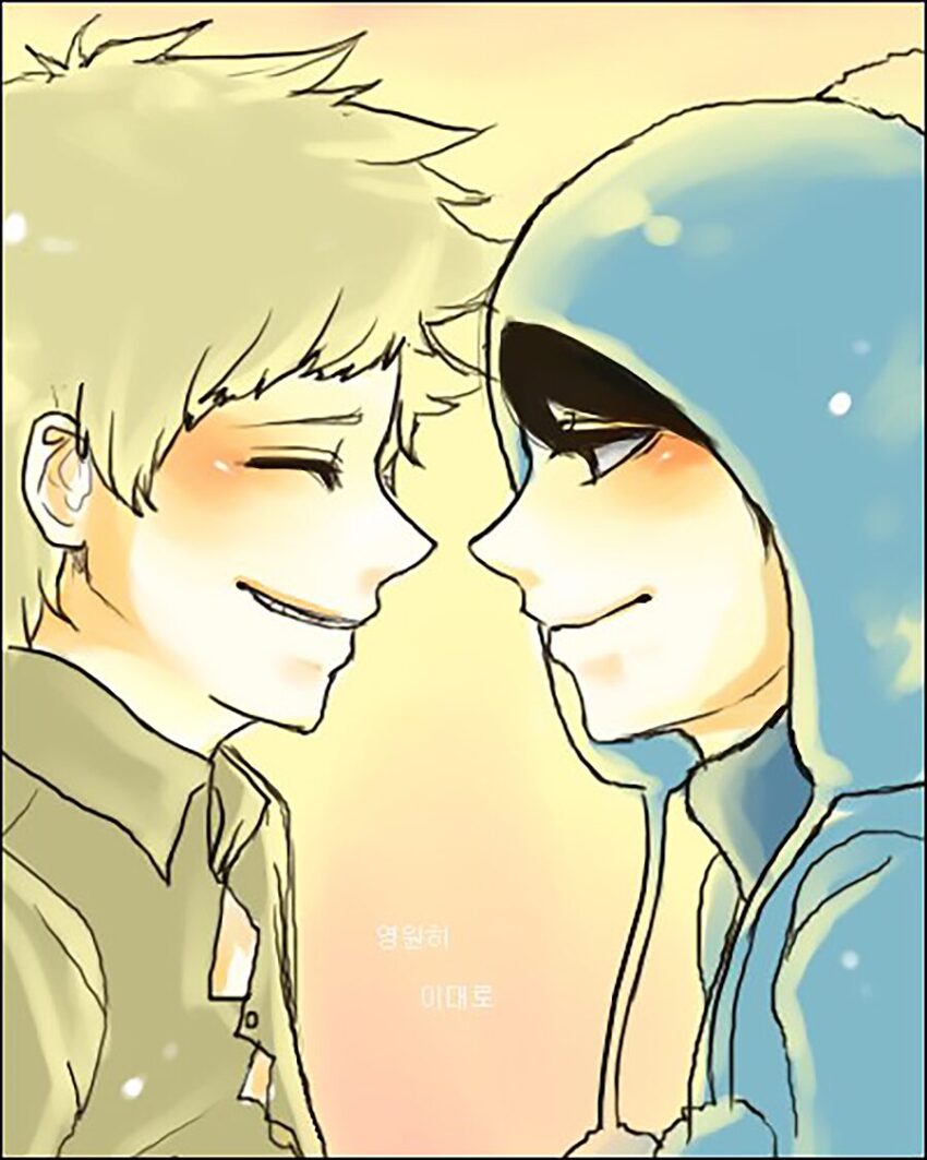 Fanart of Southpark's Craig Tucker and Tweek Tweak. Both facing each other. Tweek smiling. Artist: sujk0823 - https://www.deviantart.com/sujk08-23