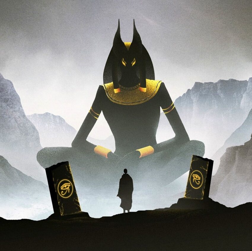 An illustration of the Ancient Egyptian God Anubis sitting huge an majestic towering above the hills and mountains. A lone person in silhouette stands in front of him between 2 broken pillars, one with an image of the Eye of Ra on it, the other with the Eye of Horus. Artist: Undetermined