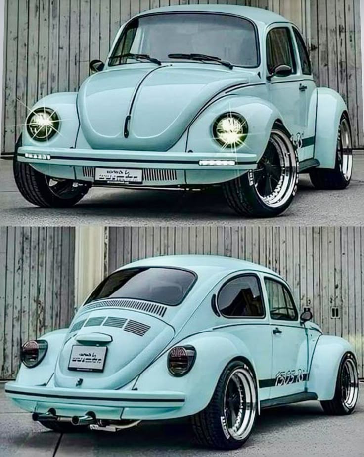 Image of a German-look 1973 1303 "Super Beetle" with both a front 3/4 view and a 3/4 rear view.