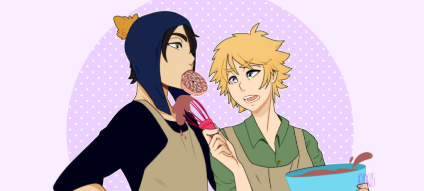 Fanart of Southpark's Tweek Tweak and Craig Tucker. Both older teens. Tweek is mixing up donut batter. Craig has a donut shoved in his mouth. Artist: kyokoskos - https://www.deviantart.com/kyokoskos