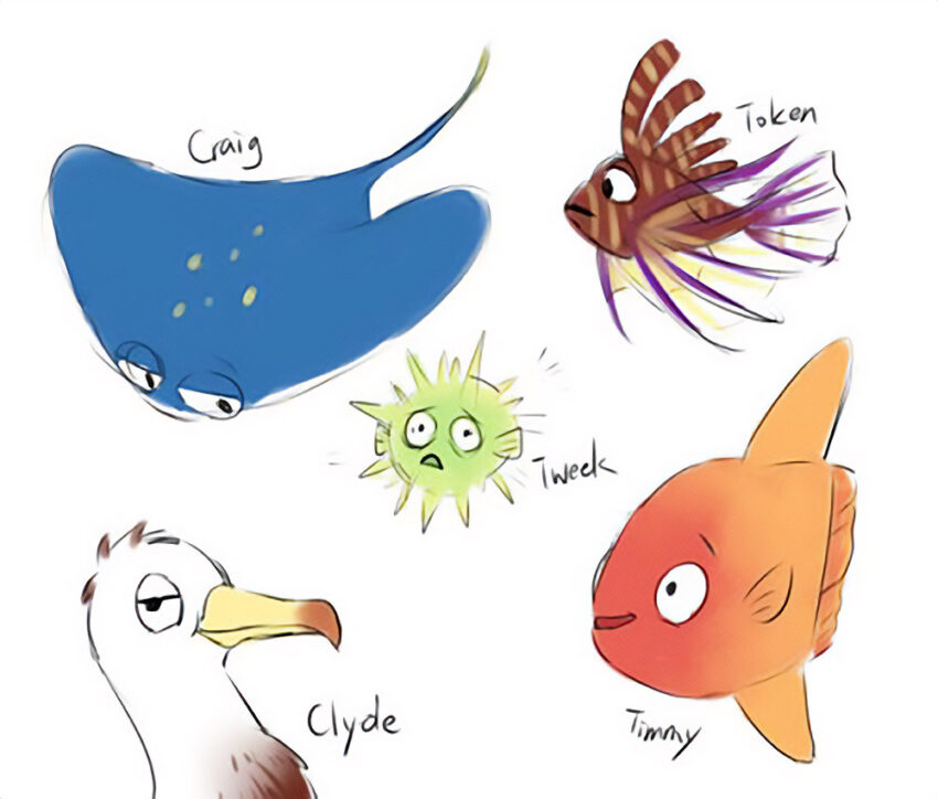 Fan art illustration of South Park characters Craig, Tweek, Token, Clyde, and Jimmy as marine animals and a bird (Clyde). Artist: maesawa - https://www.tumblr.com/maesawa
