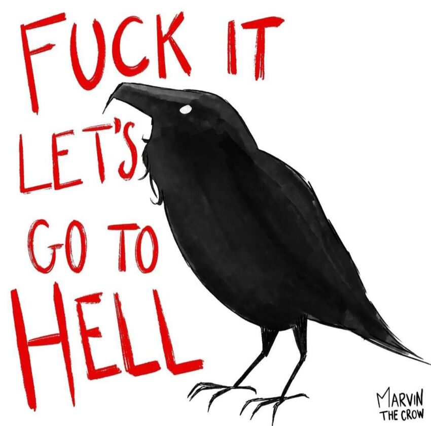 Illustration of Matthew the Raven from Neil Gaiman's Sandman comic series. Caption: Fuck it let's go to hell" Artist: marvinthecrow - https://www.tumblr.com/marvinthecrow