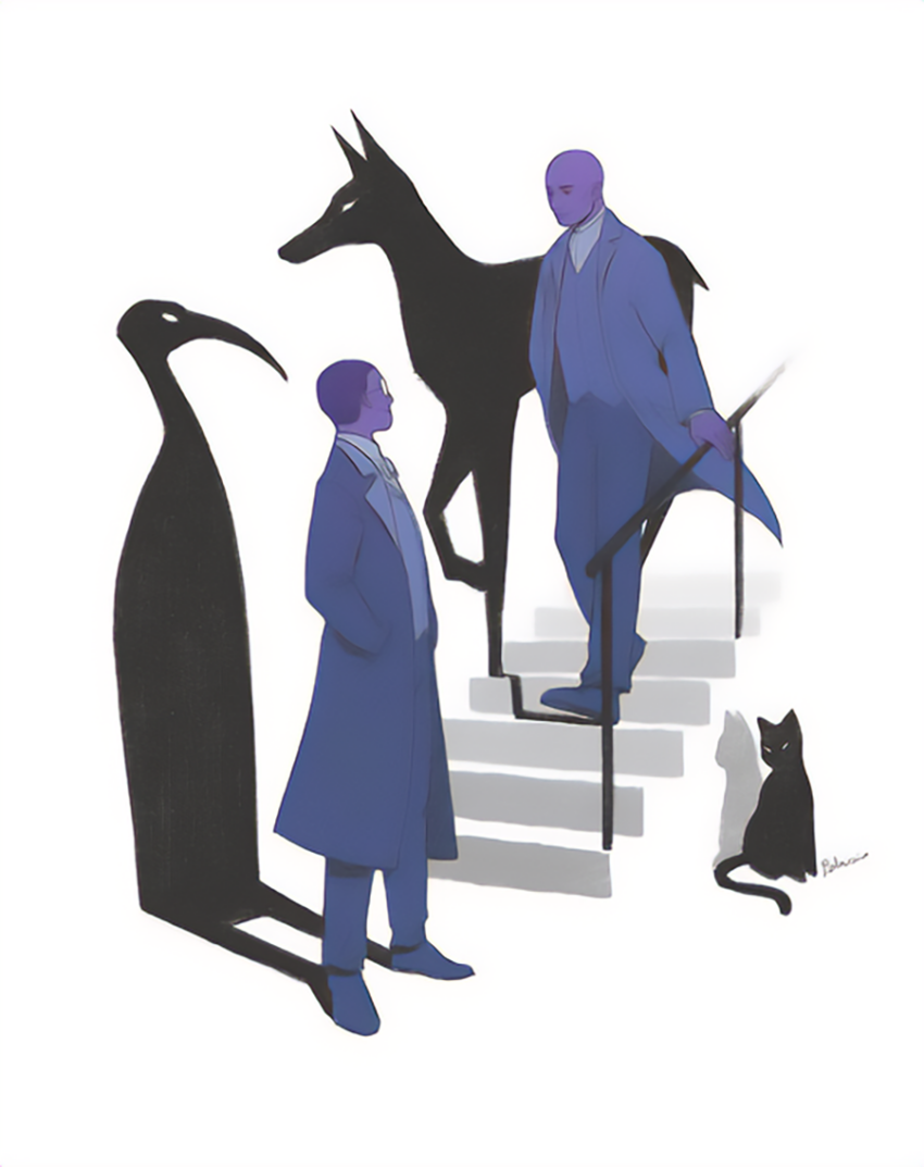 An illustration from characters from the TV adaptation of Neil Gaiman's novel "American Gods". Mr. Jacquel (Anubis) and Mr. Ibis (Thoth) and Bast (in her cat form.). Artist: @mintonia - https://www.tumblr.com/mintonia