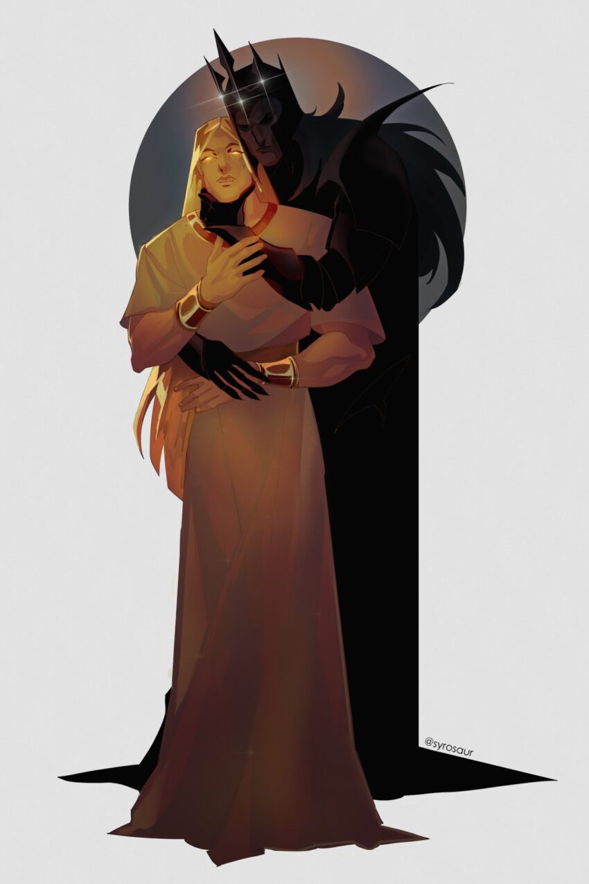 An artist's interpretation of J.R.R. Tolkien's Melkor and Mairon (Sauron) from The Silmarillion. Artist: Syrosaur - https://x.com/syrosaur