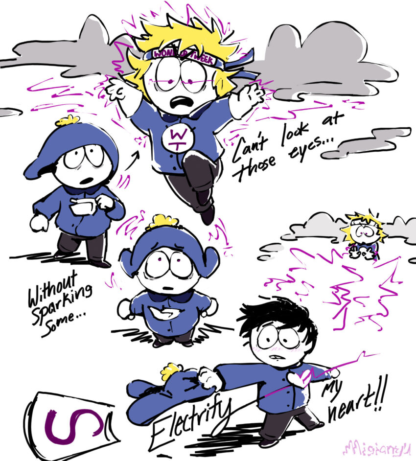 Fanart of Southpark's Craig Tucker and Tweek Tweak. Both in their Super Craig and Wonder Tweek garb. Artist: migianyu - https://www.tumblr.com/migianyu