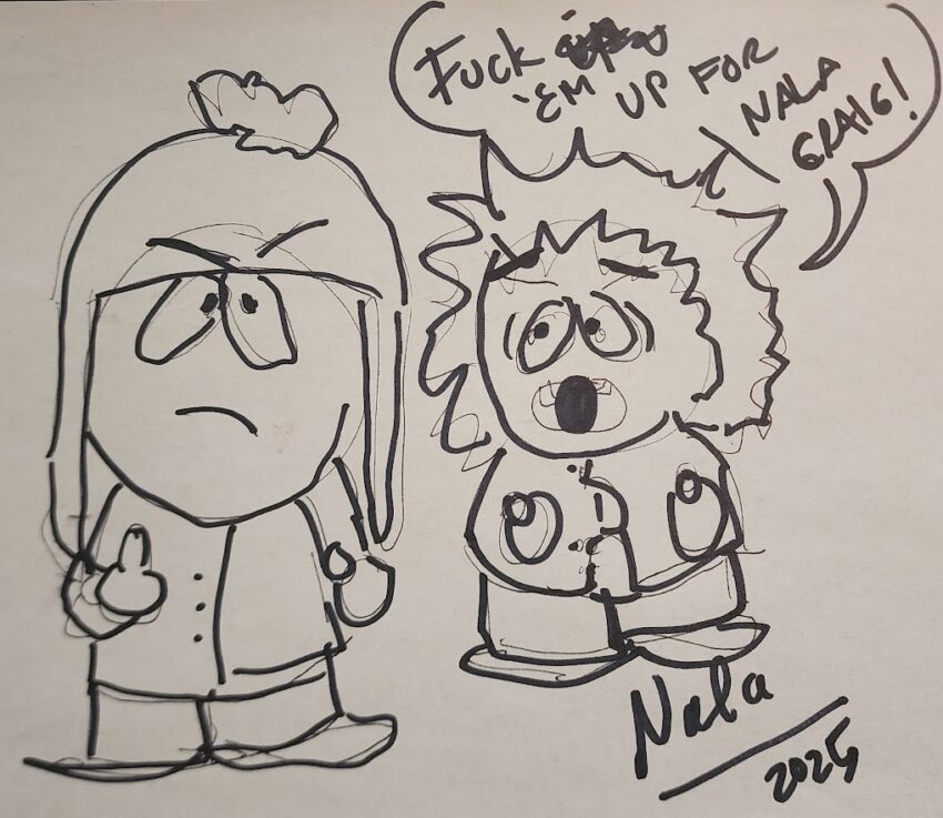 Fanart of Southpark's Craig Tucker and Tweek. They are flipping off the Nala's former employer. Naladahc - https://www.naladahc.com
