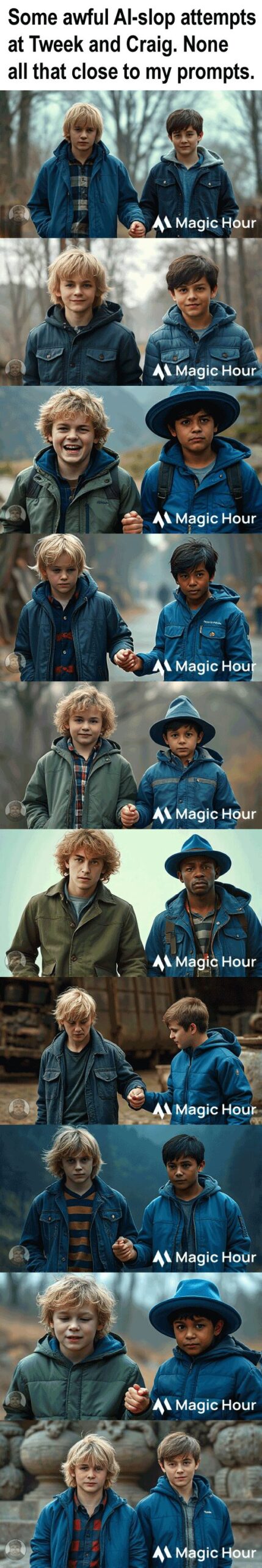 AI-generated slop image attempting to create photo realistic versions of Tweek Tweak and Craig Tucker with prompts by Naladahc.