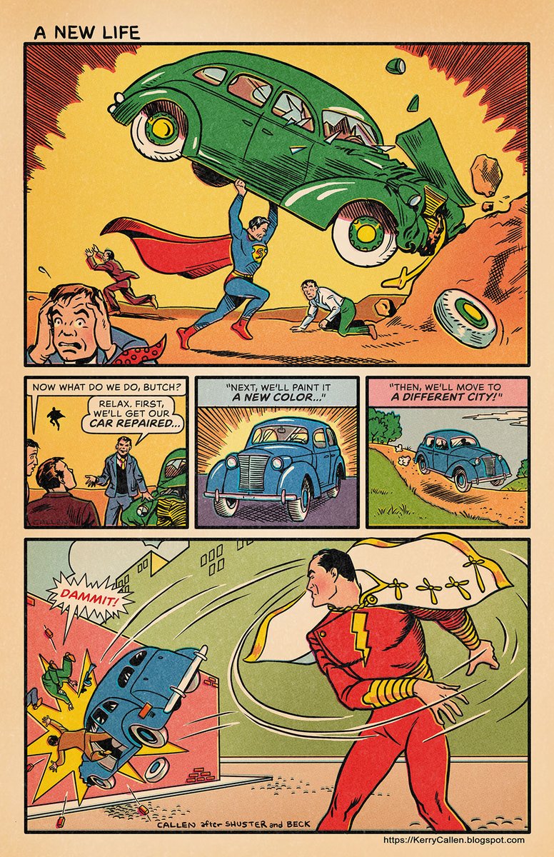 Fan art homage combining the cover of Action Comics #1 featuring Superman and the cover of Whiz Comics #2 featuring Captain Marvel. Artist: Kerry Callen- https://x.com/KerryCallen