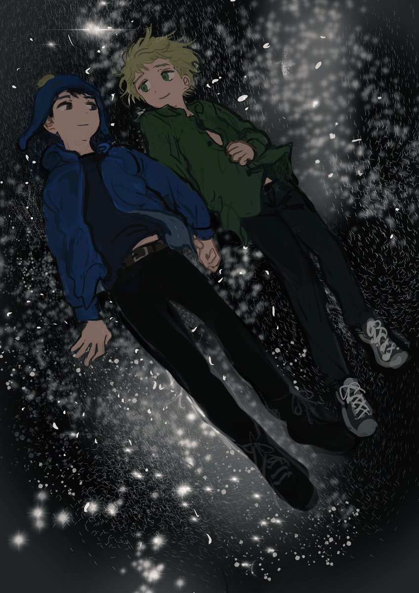 Fanart of Southpark's Tweek Tweak and Craig Tucker. Tweek and Craig hand in hand surrounded by the stars. Artist: manuhamu - https://x.com/manuhamu