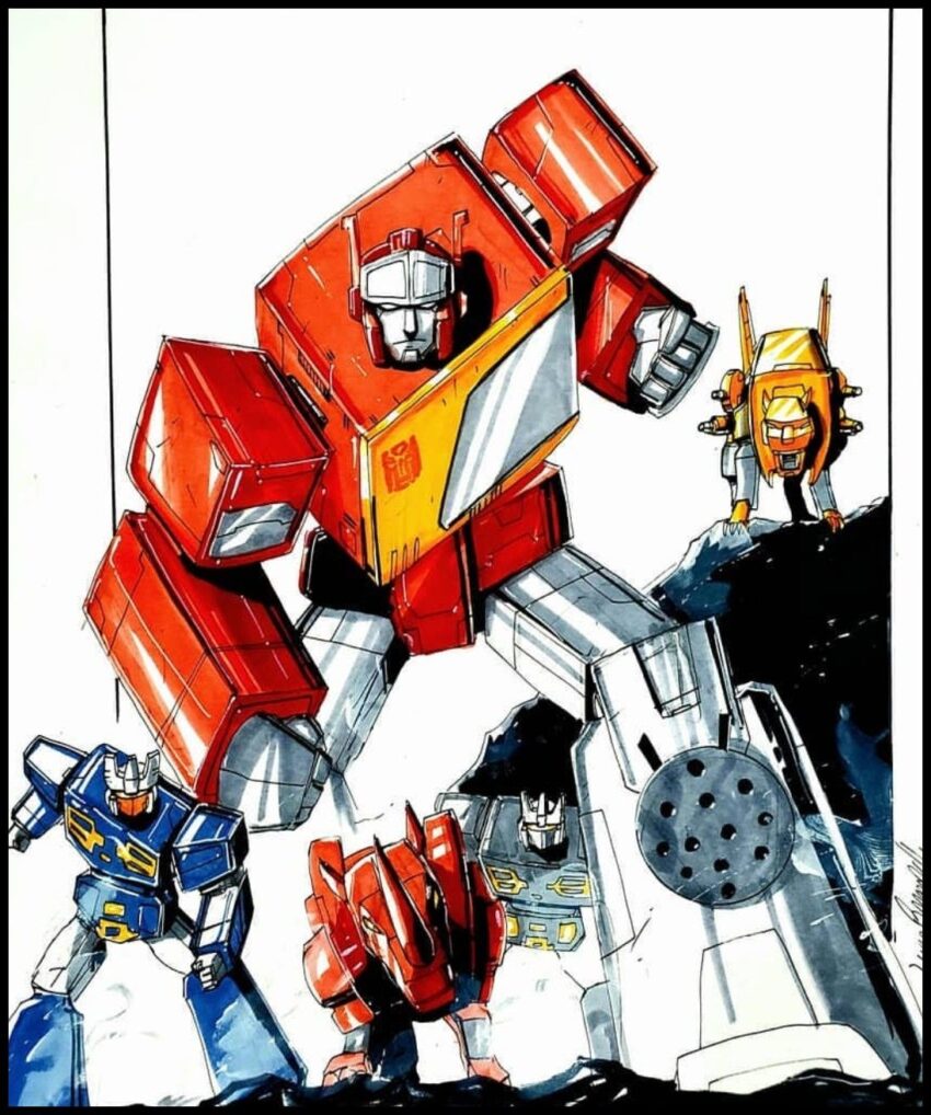 Art of Transformer Autobots Blaster and his soldiers Eject, Rewind, Ramhorn, and Steeljaw. Artist: Livio Ramondelli - https://livioramondelli.com/