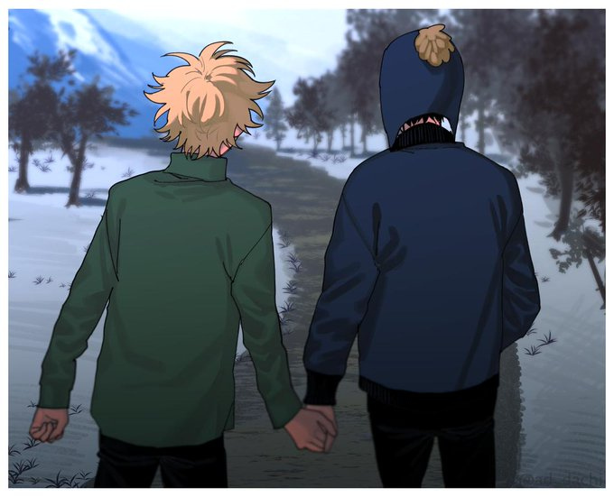 Fanart of Southpark's Tweek Tweak and Craig Tucker. Tweek and Craig walk hand in hand down a snowy path. Seen from behind them. Artist: ad_dachi