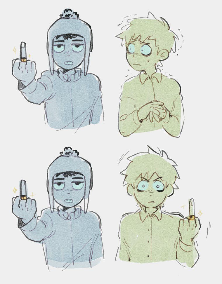 Fanart of Southpark's Craig Tucker and Tweek. They are flipping off the viewer. Artist: helado_jpg - https://x.com/Helado_jpg/
