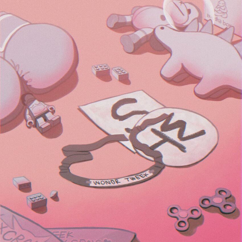 Fanart of Southpark's Craig Tucker and Tweek. The characters themselves do not appear. It appear's to be the floor of Tweek's bedroom, with various items such as LEGO bricks and a minifigure, boxing gloves, fidget spinners, etc. laying on the ground. The Super Craig and Wonder Tweek chest logos are laying on the floor with Wonder Tweek's headband laying on them. Artist: tomatoma3651 - https://x.com/tomatoma3651 (defunct social)