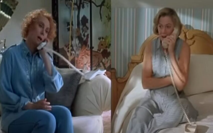 Still image from Jon Waters' film "Serial Mom" as Kathleen Turner as Beverly Sutphin prank calls Mike Stole's Dottie Hinkle.