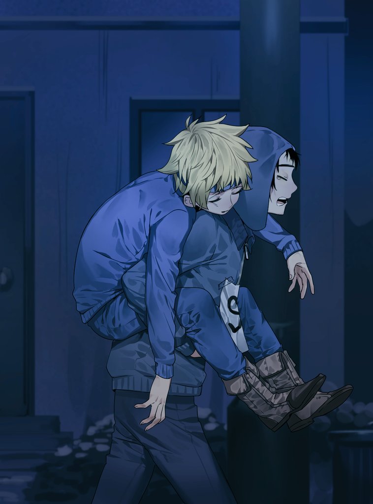 Fanart of Southpark's Craig Tucker and Tweek. They are in their Super Craig and Wonder Tweek identities. Craig appears to be carrying on his back an exhausted Wonder Tweek. Artist: tomatoma3651 - https://x.com/tomatoma3651 (defunct social)