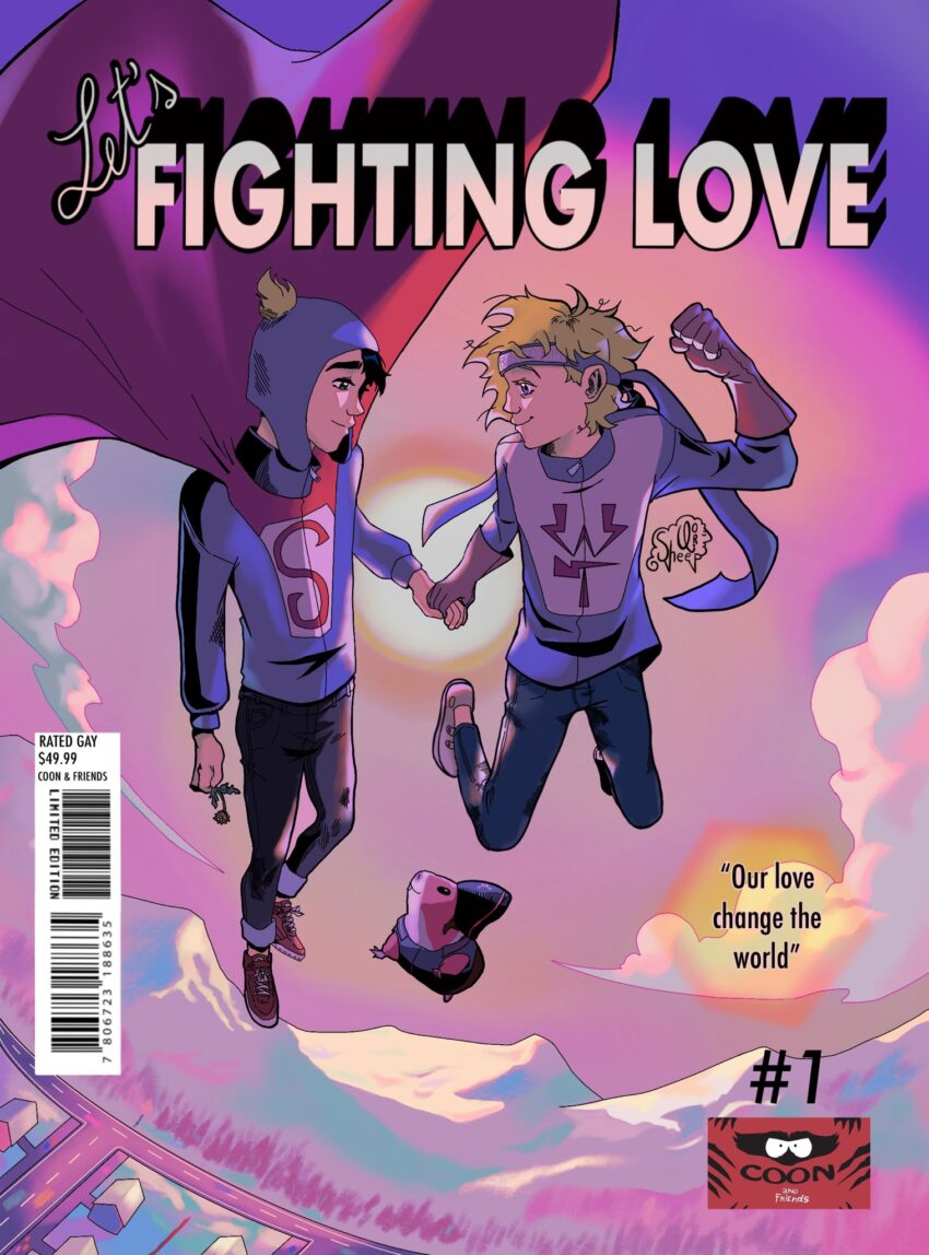 Fanart of Southpark's Craig Tucker and Tweek. A "fake" comic book cover to a book called "Let's Fighting Love" with Super Craig (in red cape) and Wonder Tweek. They are flying and holding hands. Spike (in Pirate attire) is floating and staring up at Super Craig. Artist: QoriSheep - https://x.com/QoriSheep